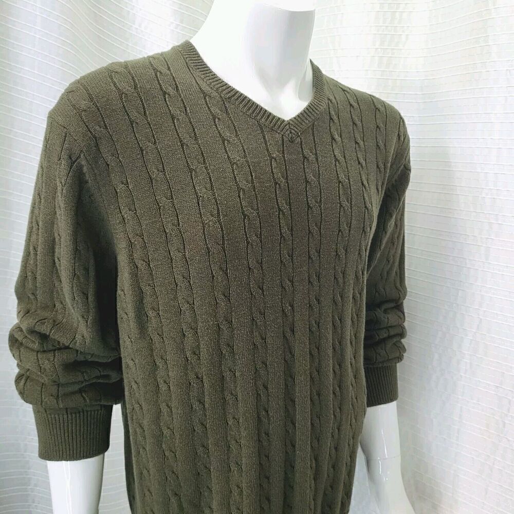 G. H. BASS Cable Knit Heritage Collection V-Neck Sweater Army Green Men's XL